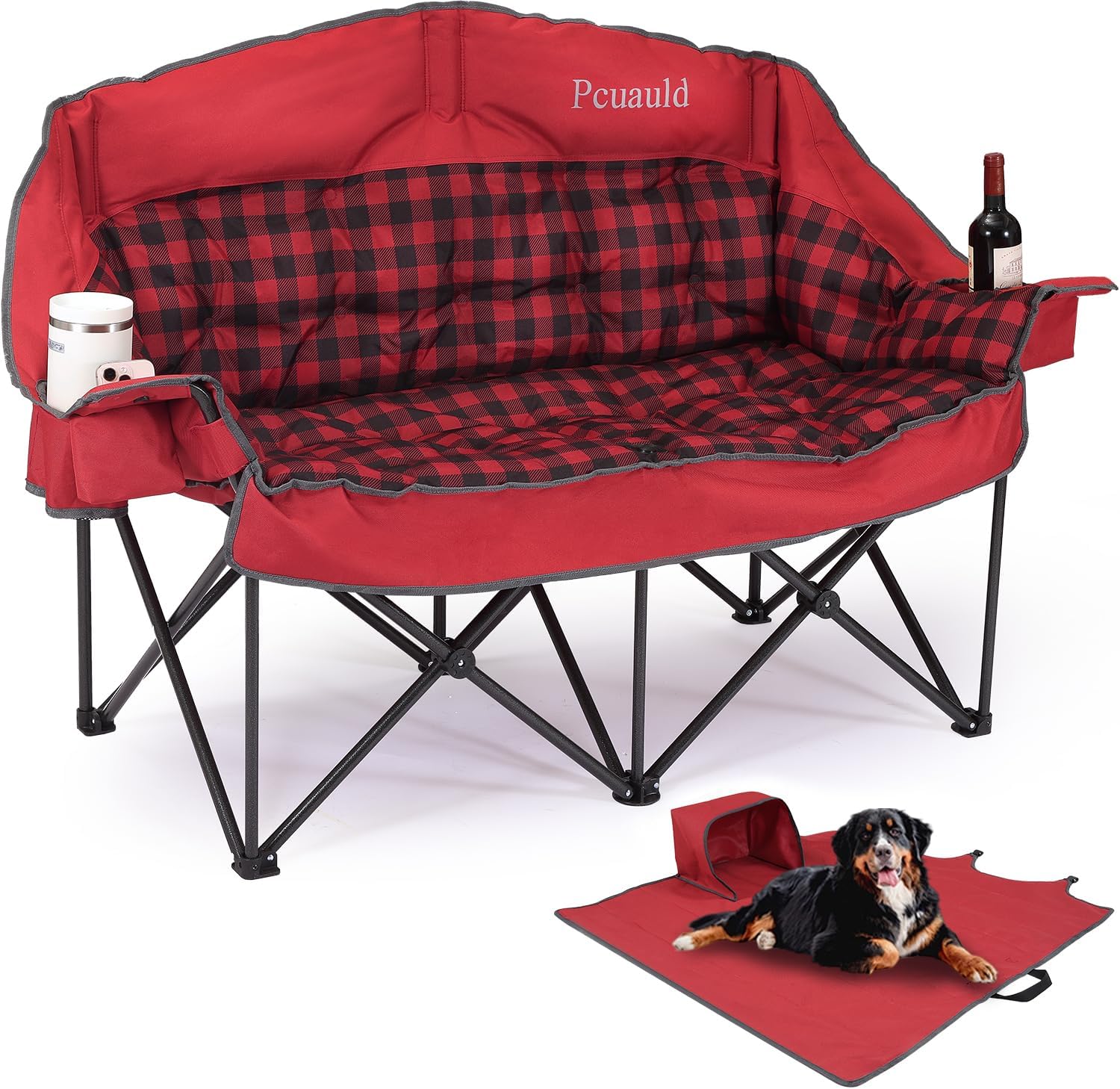 Double Camping Chair Padded Loveseat Camp Couch for Adults, Oversized 2 Person Love Seat with 2 in 1 Carry Bag, Heavy Duty Folding Outdoor Sofa with Cup Holders for Lawn Beach Tailgating, Red