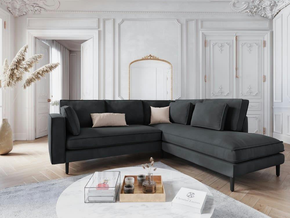 ALEXIS - Canapé d'angle 5 places en velours gris foncé