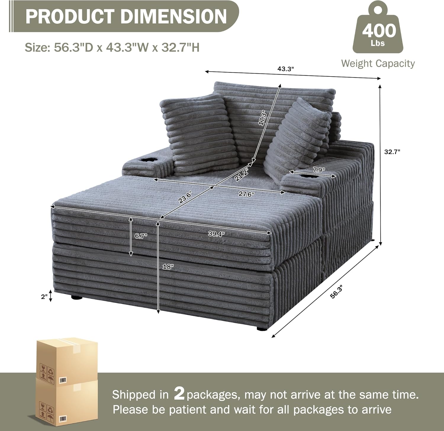 GarveeHome Oversized Chaise Lounge Chair Indoor with Storage Ottoman, Upholstered Corduroy Sofa Bed Cloud Couch with 3 Pillows, Single Sleeper Sofa Chair for Living Room, Bedroom (Grey)