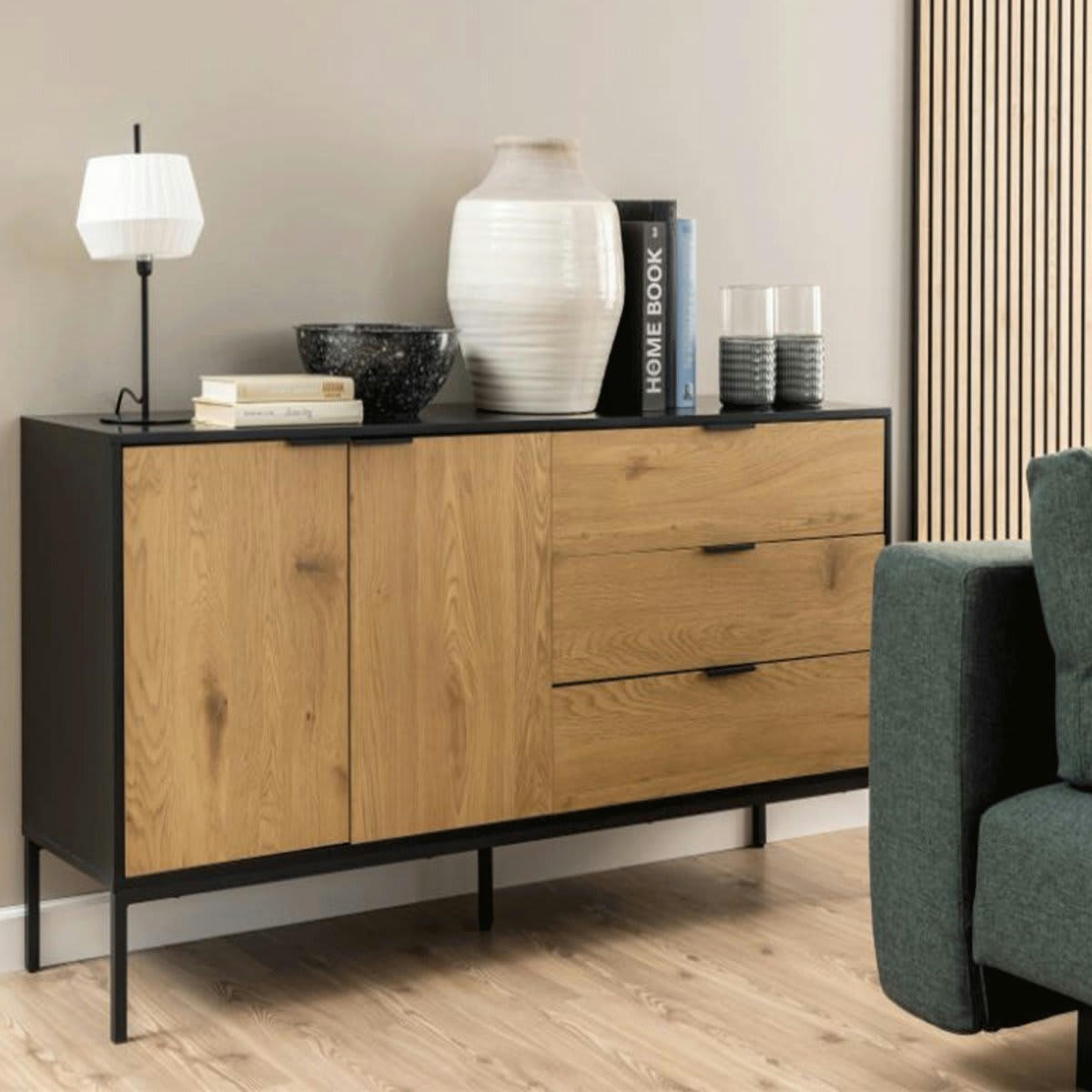 SEA - Buffet 2 portes 3 tiroirs en bois et métal noir