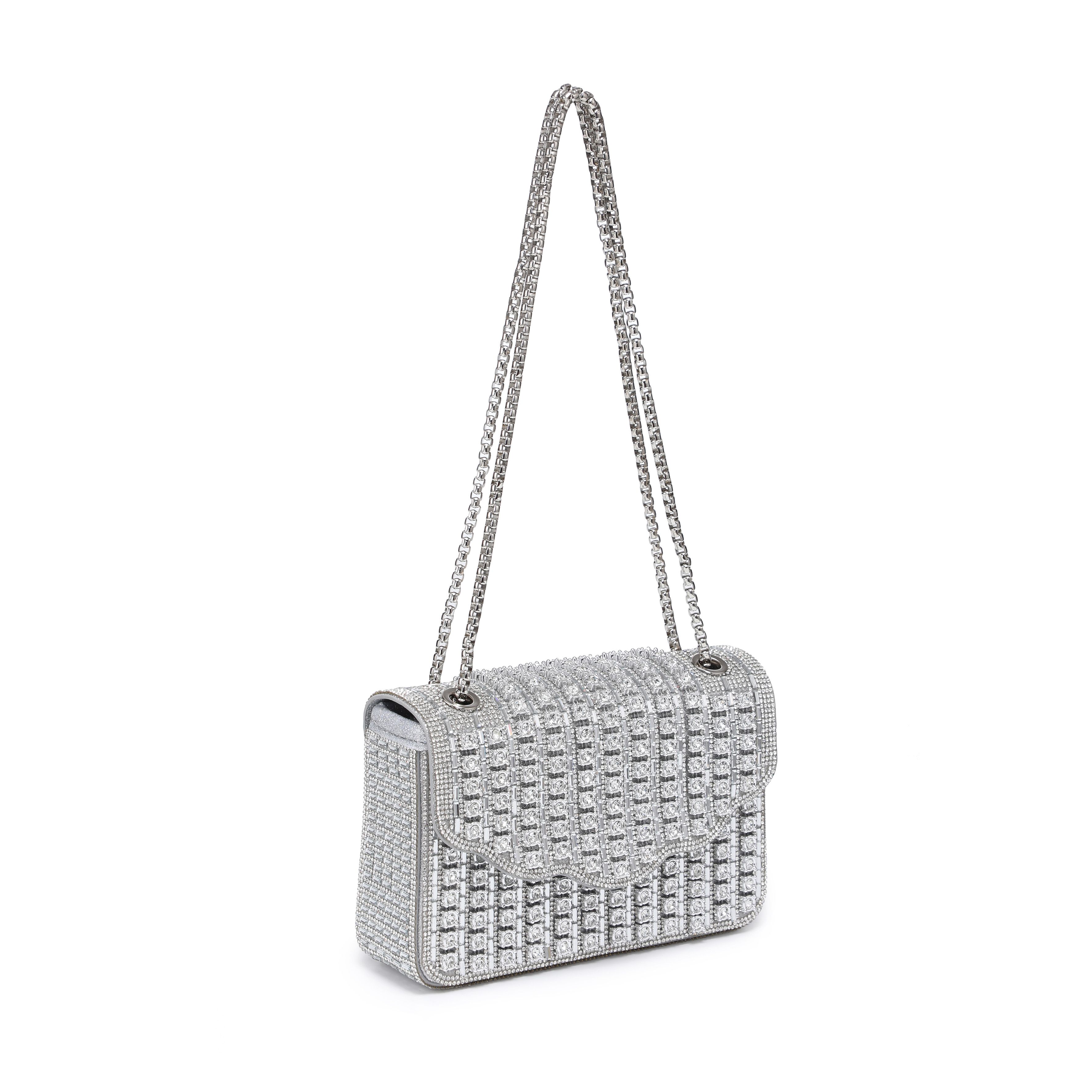 JFY Flap Over Lid Zip Top Closure Double Side Diamante Bag