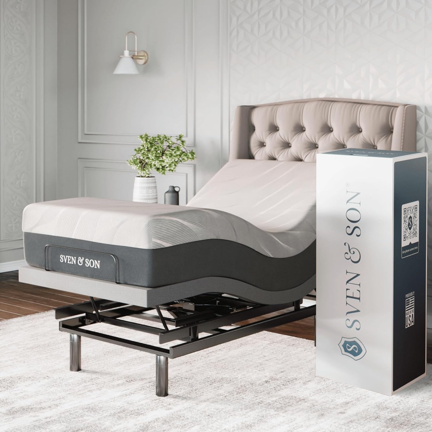 Sven & Son Platinum Adjustable Bed Base Frame + 12 inch Memory Foam Matt (Medium), Lumbar Support, Head-Pillow-Tilt, Massage, Under-Bed Lights, USB - Twin XL