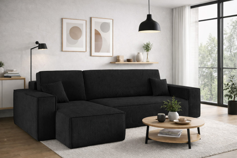 Sofa w kształcie L BEST narożnik, tkanina Poso, Czarny Lewostronny