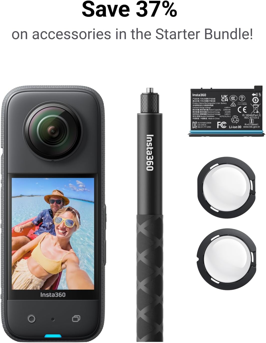 Insta360 X3 Starter Bundle - Waterproof 360° Action Camera with 1/2 Inch Sensor  5.7K 360°  72MP 360° Photos  Stabilisation  2.29 Touch Screen  Vibration Feedback  AI Editing  Live Streaming