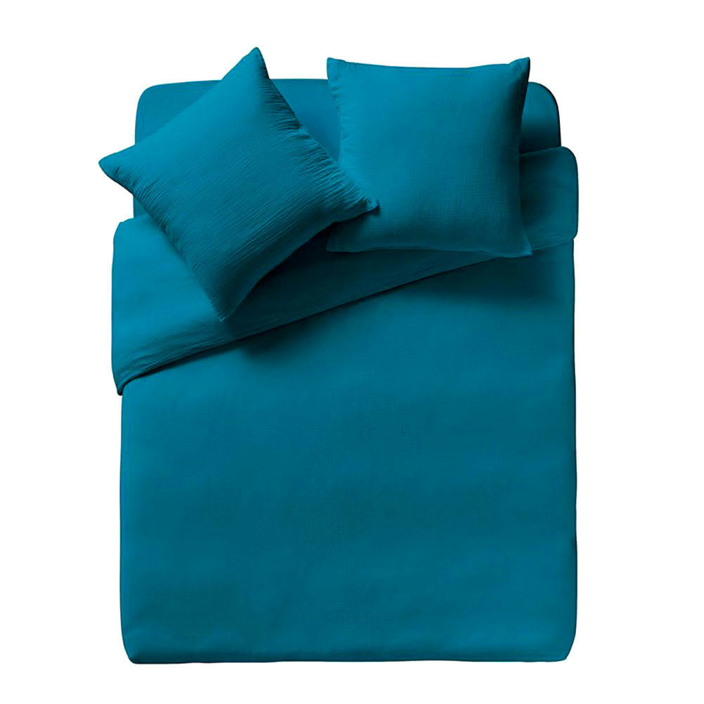 TENDRESSE - Taie d'oreiller paon en gaze de coton lavée 65x65