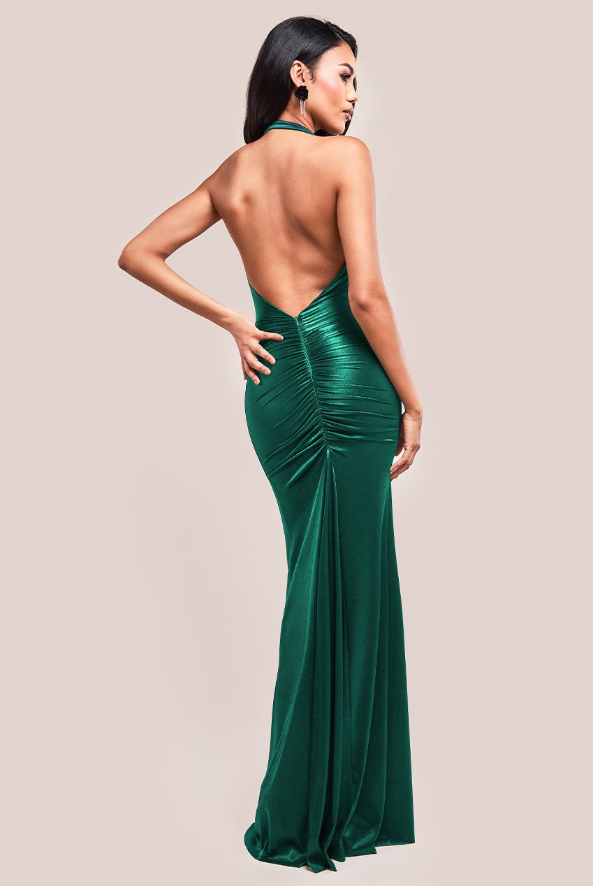 Goddiva Halter Cowl Neck Back Maxi Dress