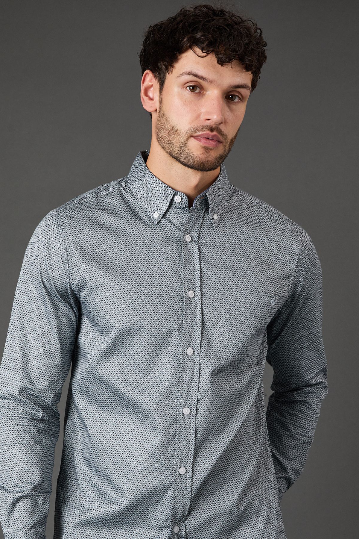 Maine Grey Printed Long Sleeve Shirt