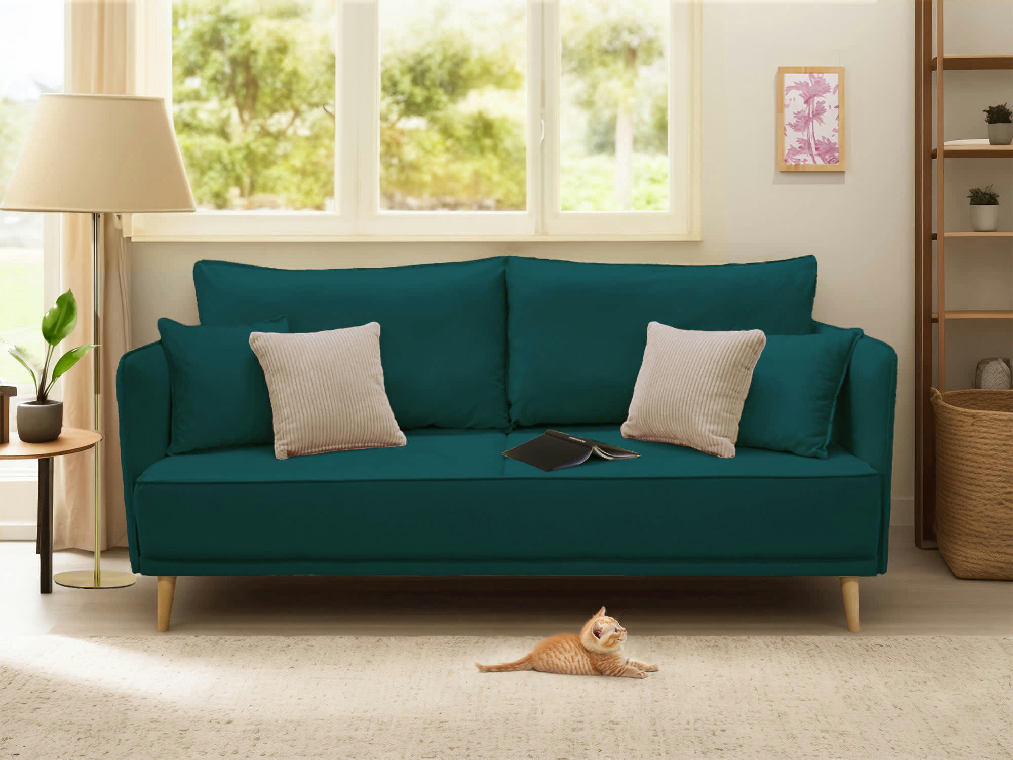 GRENAT - Canapé droit 3 places en velours bleu canard