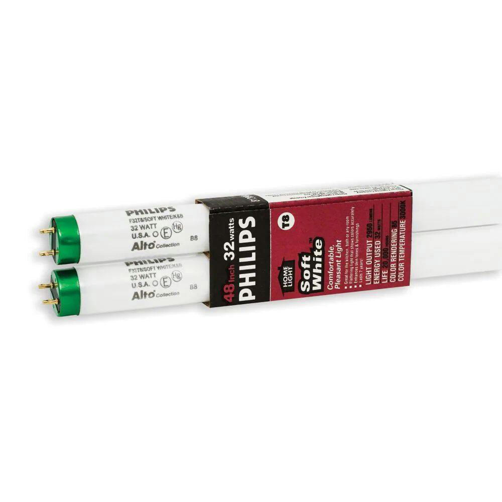 Philips T8 G13 Bi-Pin Kitchen & Bath Fluorescent Tube Light Bulbs, 3000K, 32W, 48-in, 2-pk