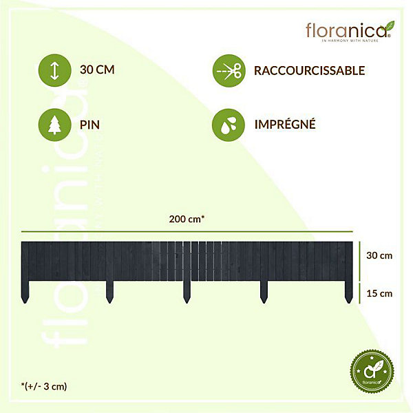 Floranica Bordure de jardin en bois flexible 30 x 200 cm Anthracite avec piquets, idéale pour délimiter pelouse et massifs de fleu