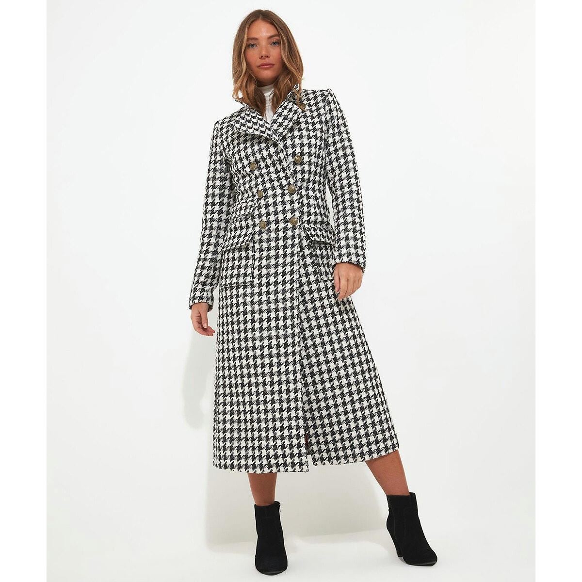 Manteau long boutonné motif pied de poule