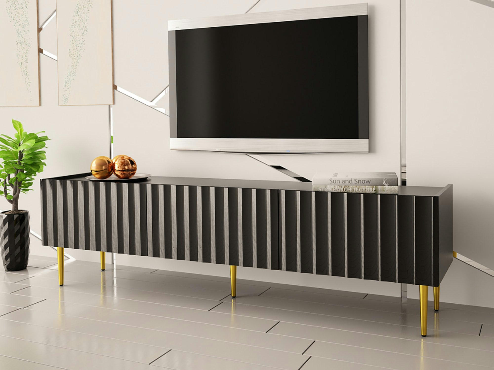 AMBRE - Meuble TV style contemporain 180 cm noir / doré