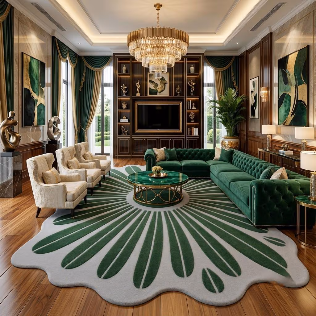 Round Area Rug, Green Cream Sunburst Pattern, Hand-Tufted Wool, Modern Sculptural Texture, Living Room Bedroom