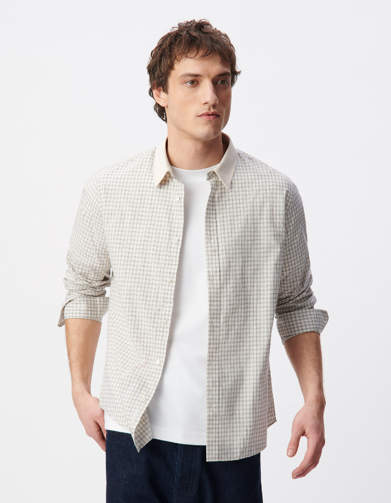 Chemise regular écrue coton bio motif carreaux Homme