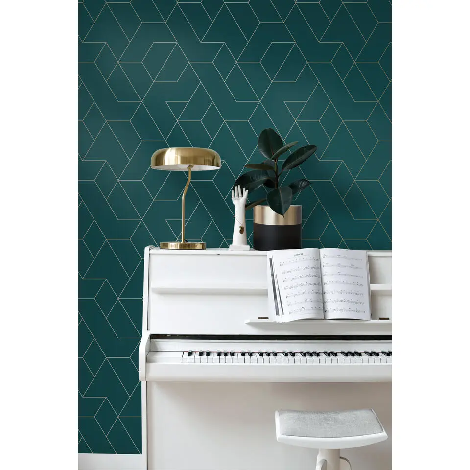 ESTAhome behang grafische lijnen petrolblauw en goud - 50 x 900 cm