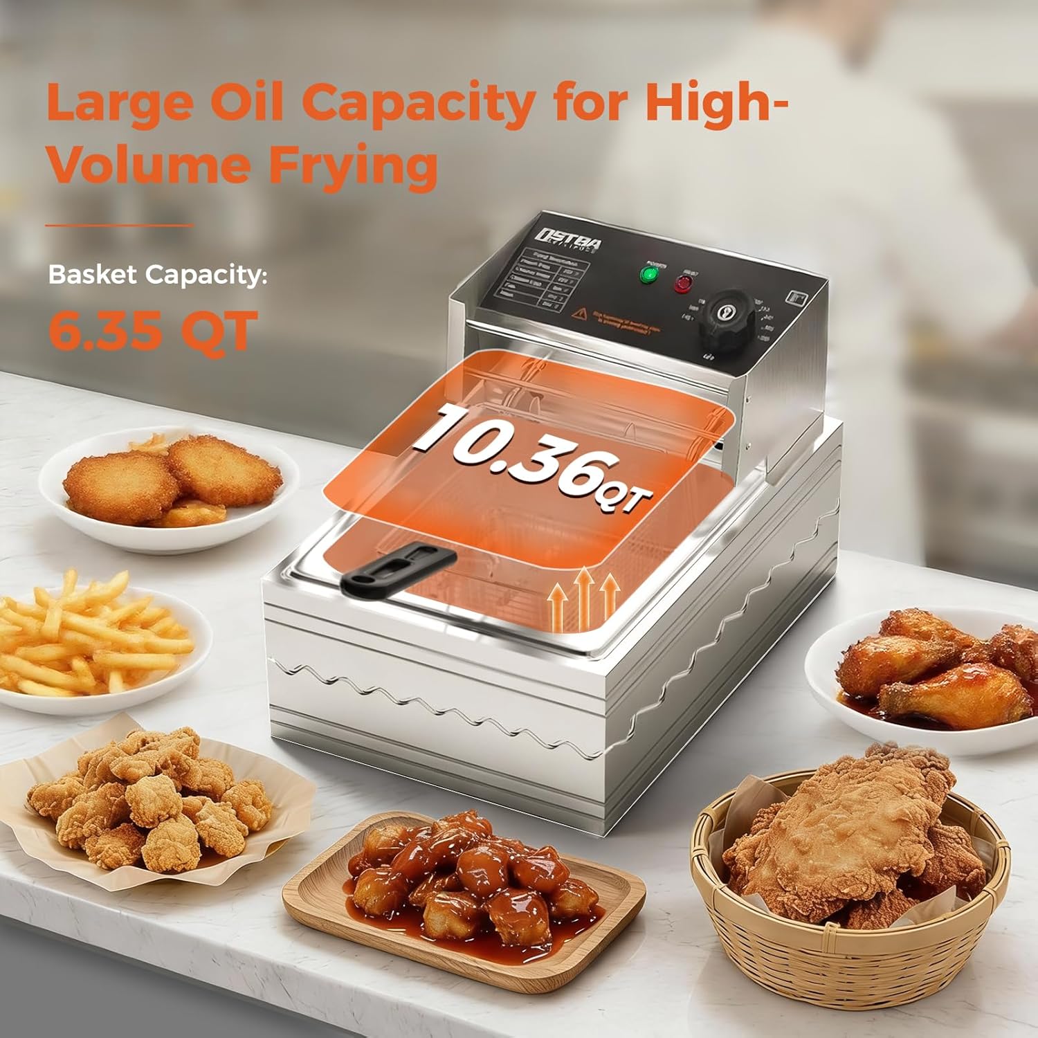 OSTBA Electric Deep Fryer with Basket, 10.36QT Countertop Fryer, 1600W Stainless Steel Commercial Deep Fryer with Adjustable Temperature 140–390℉, Removable Basket & Oil Tank