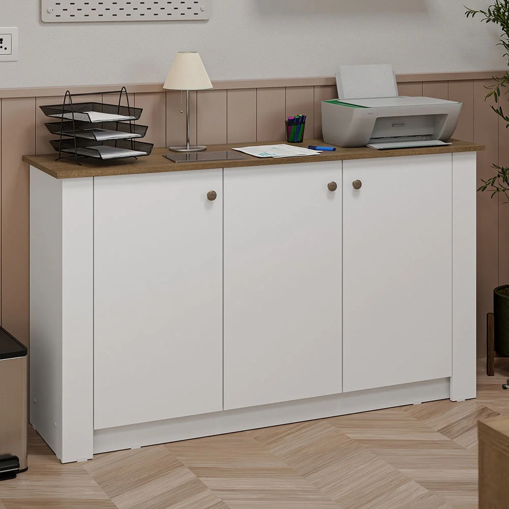 Madesa Office Storage Cabinet with 3 Doors Wooden Organization Unit for Office Supplies, Documents and Printers - White