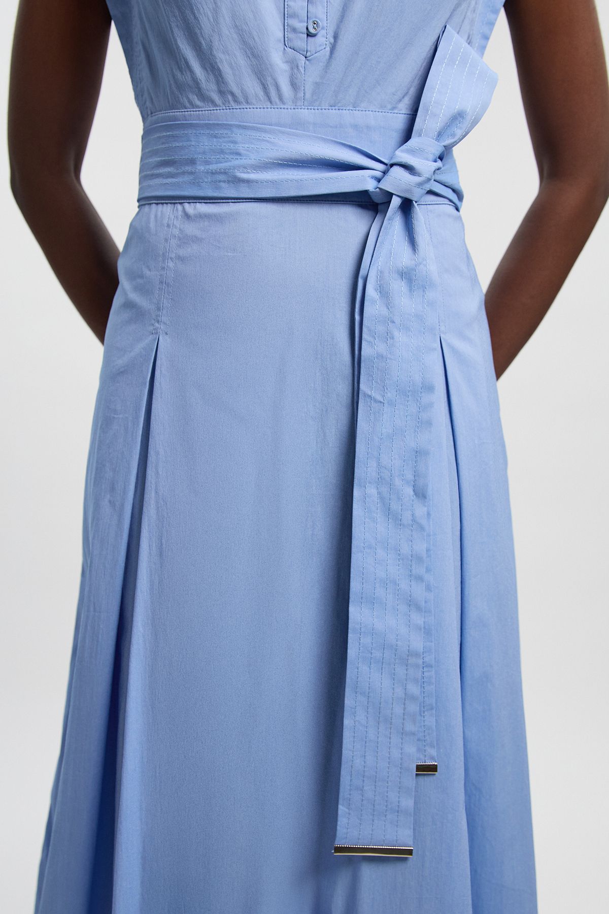 KarenMillen Cotton Pleated Tie Waist Woven Midi Dress