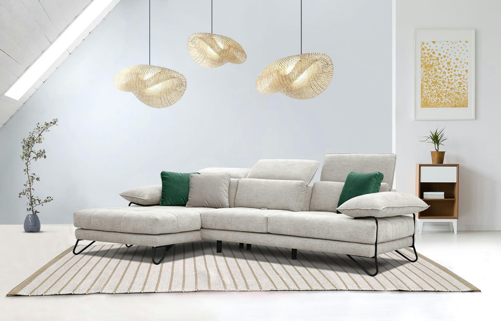 NORDEN - Canapé d'angle gauche 4 places en tissu beige foncé avec coussins déco