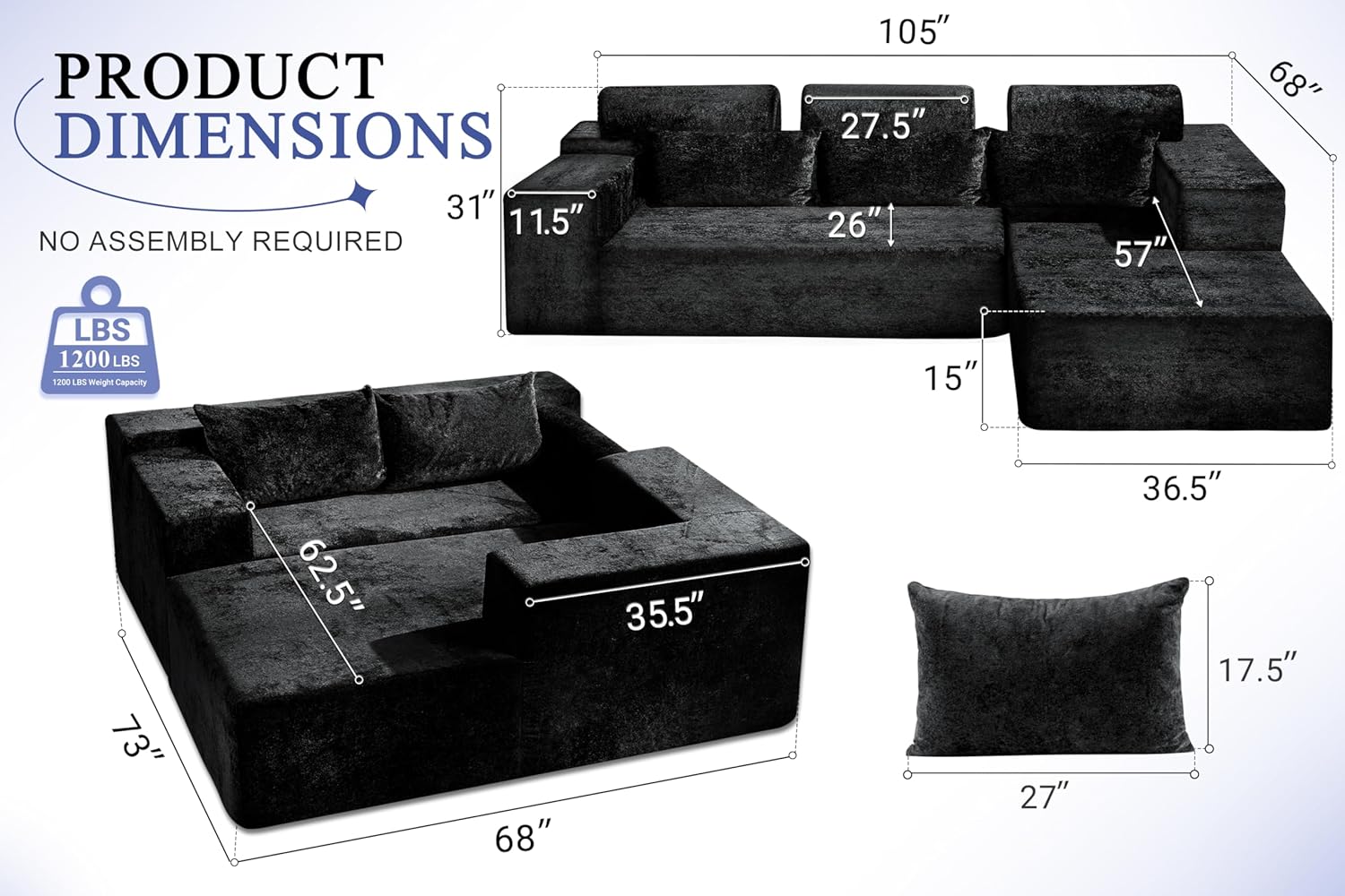 HABUTWAY 105 L-Shape Modular Sectional Sofa Couch for Living Room,No Assembly Required,Modular Comfy Sofa with Deep Seat for Living Room Bedroom,Luxury Distressed Velvet(Right,Black)