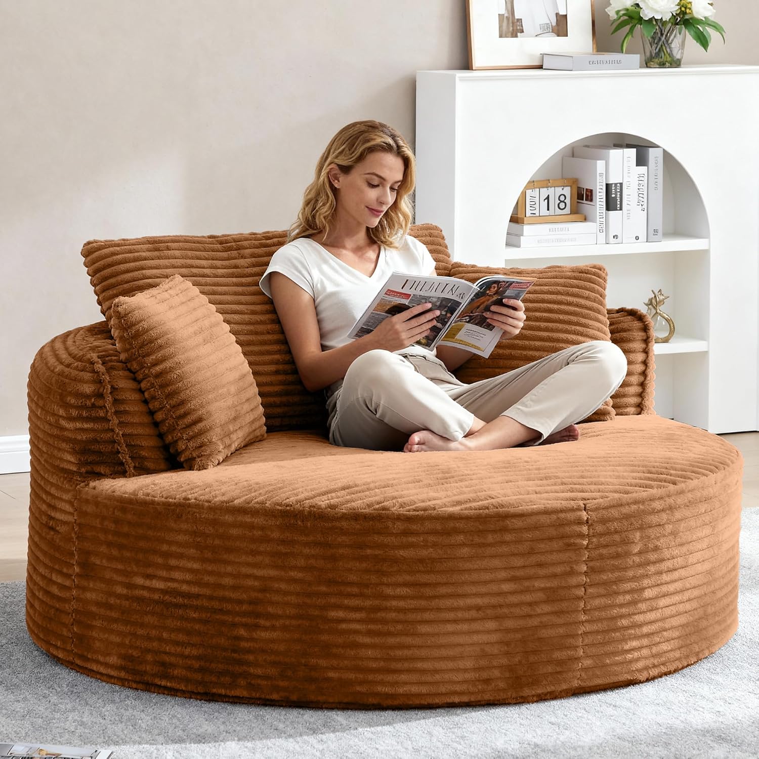 Oversized Round Chair Lounge Chaise Indoor, 53.5 Upholstered Corduroy Deep Seat Single Cloud Sofa Chair, Fluffy Modern Large Circle Boneless Sleeper Sofa for Living Room, Bedroom, Orange