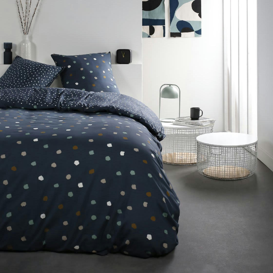 SUNSHINE - Parure de lit 2 personnes imprimé a pois en Coton Bleu 220x240 cm