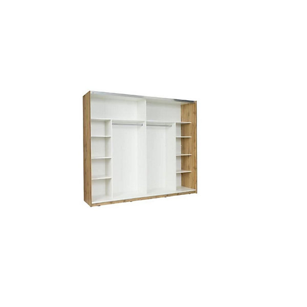 Armoire Wood 2 portes coulissantes avec miroir, coloris chene et blanc