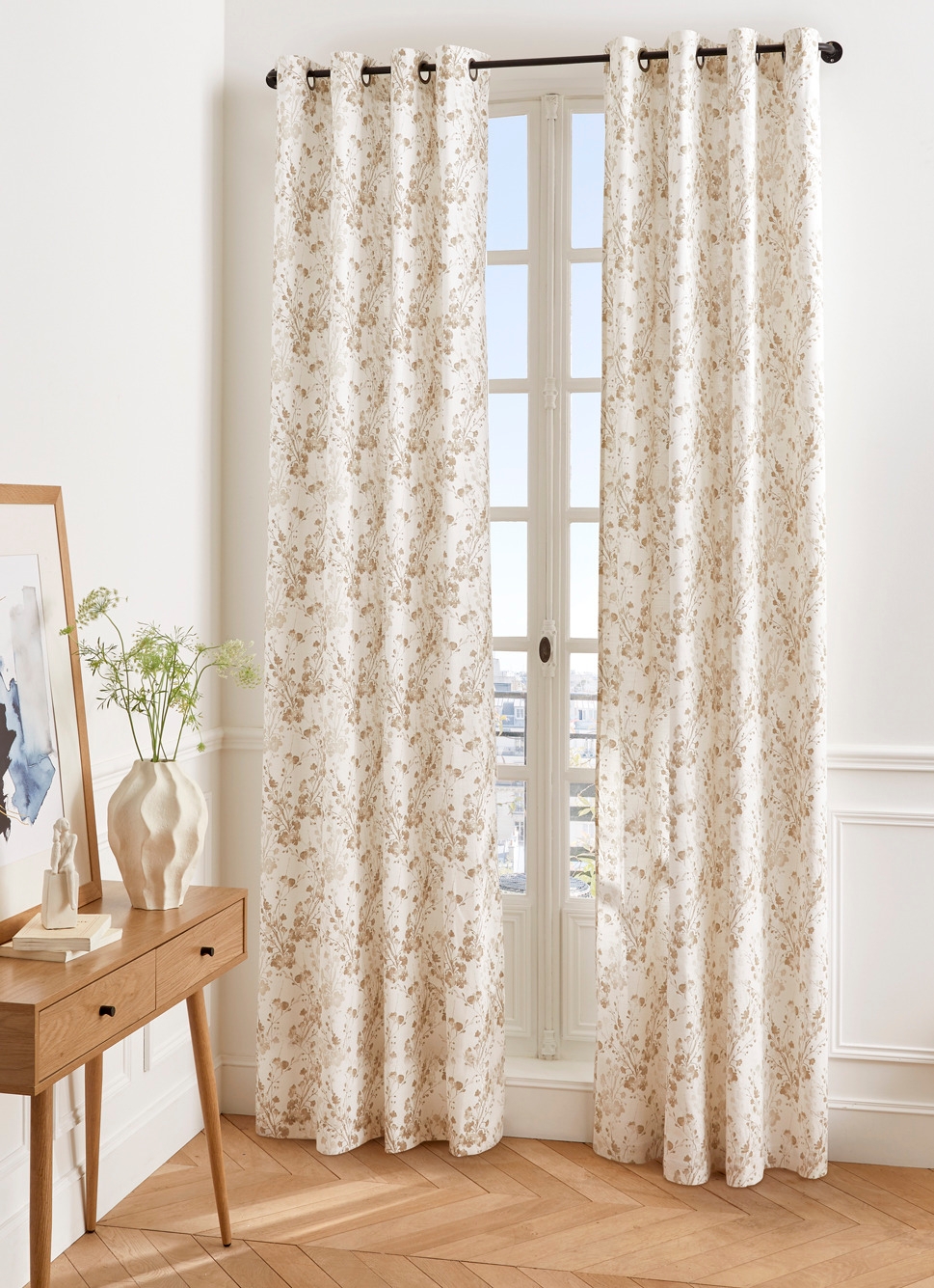 RIDEAU EN COTON MOTIF VÉGÉTAL ET FLORAL BLANC
