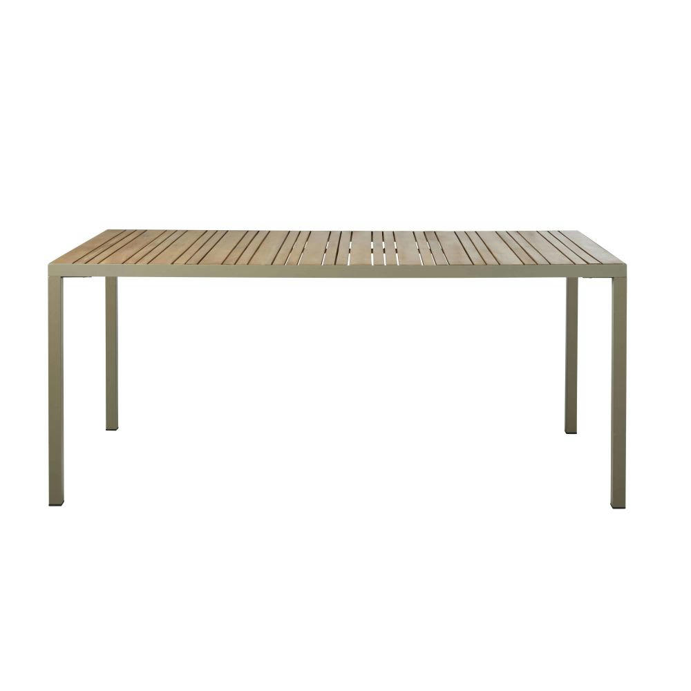 Salvia - Table de jardin en acacia massif coloris imitation teck et aluminium vert kaki 8 personnes