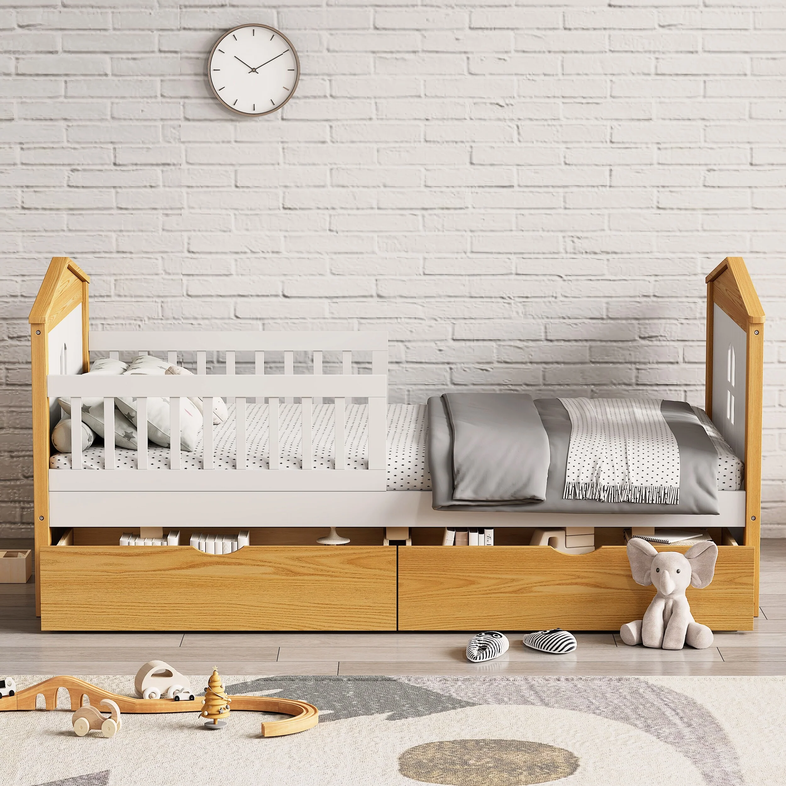 White+Walnut House Bed with Two Drawers for Teens