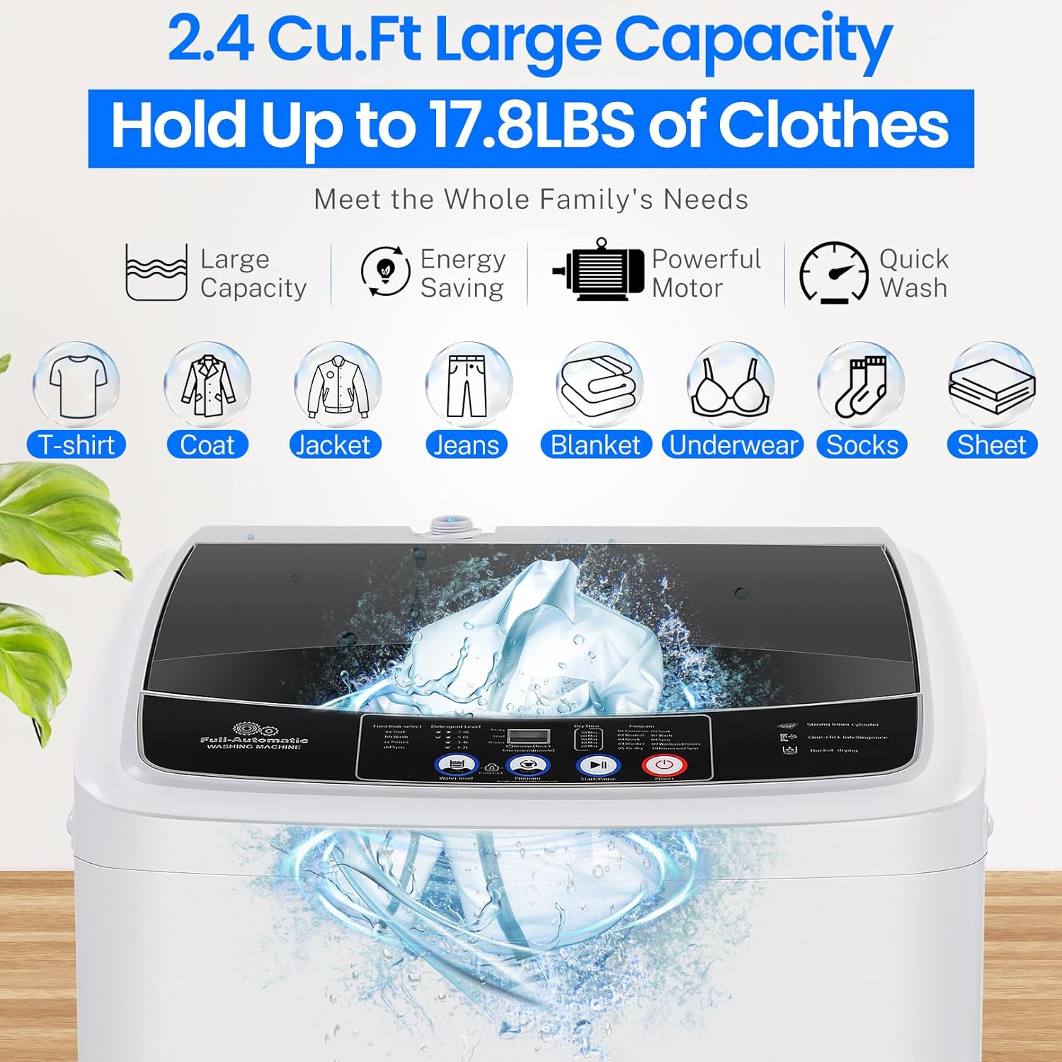 Nictemaw Portable Washing Machine 17.8Lbs Portable Washer 2.4 Cu.ft Full Automatic Compact Laundry Washer with 10 Programs 8 Water Levels, Built-in Drain Pump, Energy Saving for Apartment Home RVs
