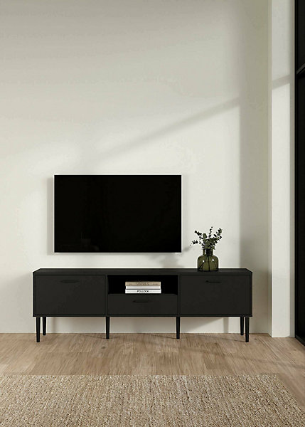 Meuble TV Anselme, Buffet de salon, Armoire basse pour TV, Base murale de rangement, 177x40 h57 cm, Noir