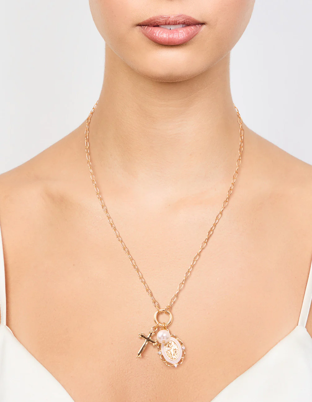 Gold Plated Pearl Cross Necklace