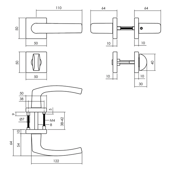 Türdrücker »Denham«, 55x55x10 mm WC 8 mm stift