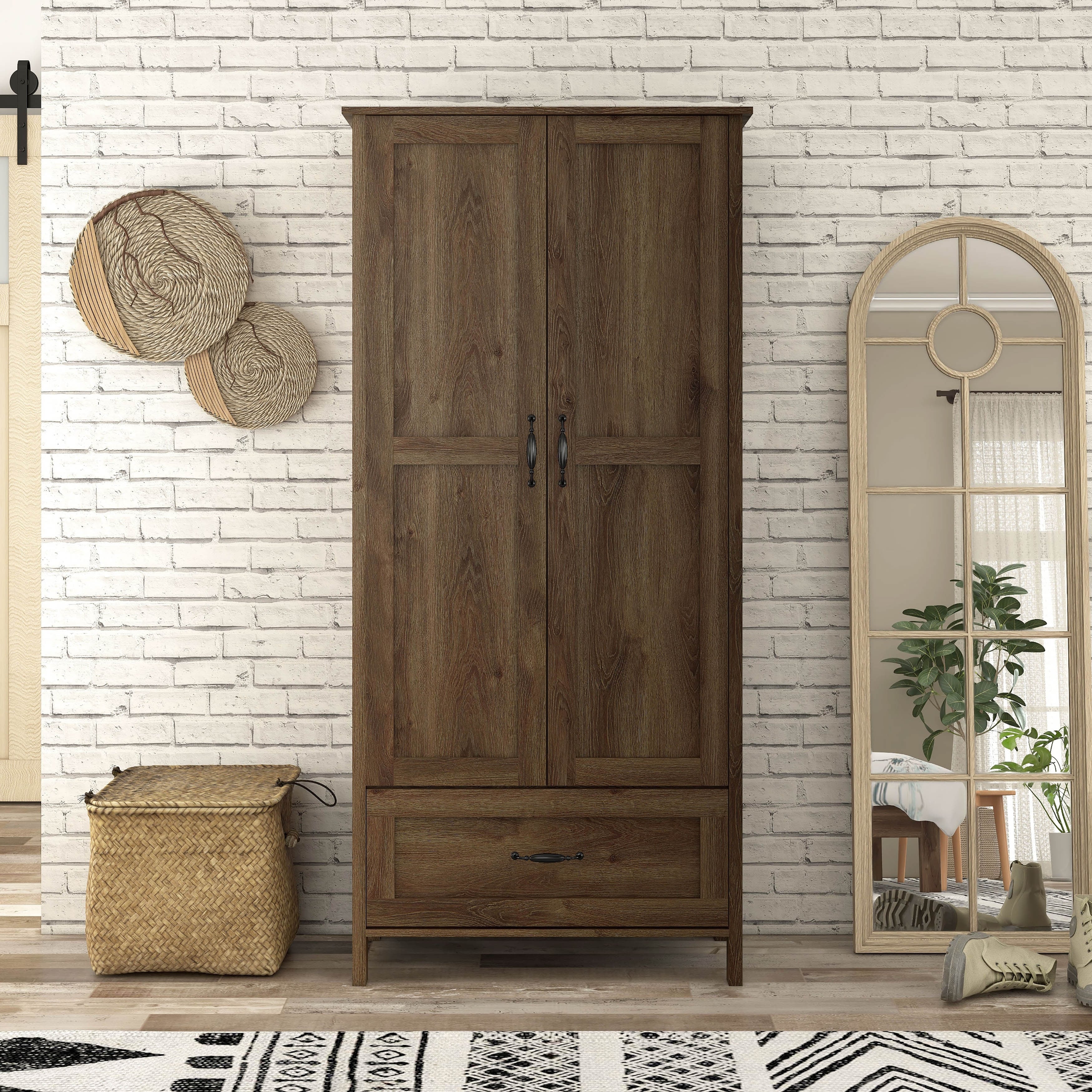 DH BASIC Rustic Distressed Walnut Double-doors Wardrobe Closet with 1-Drawer by Denhour