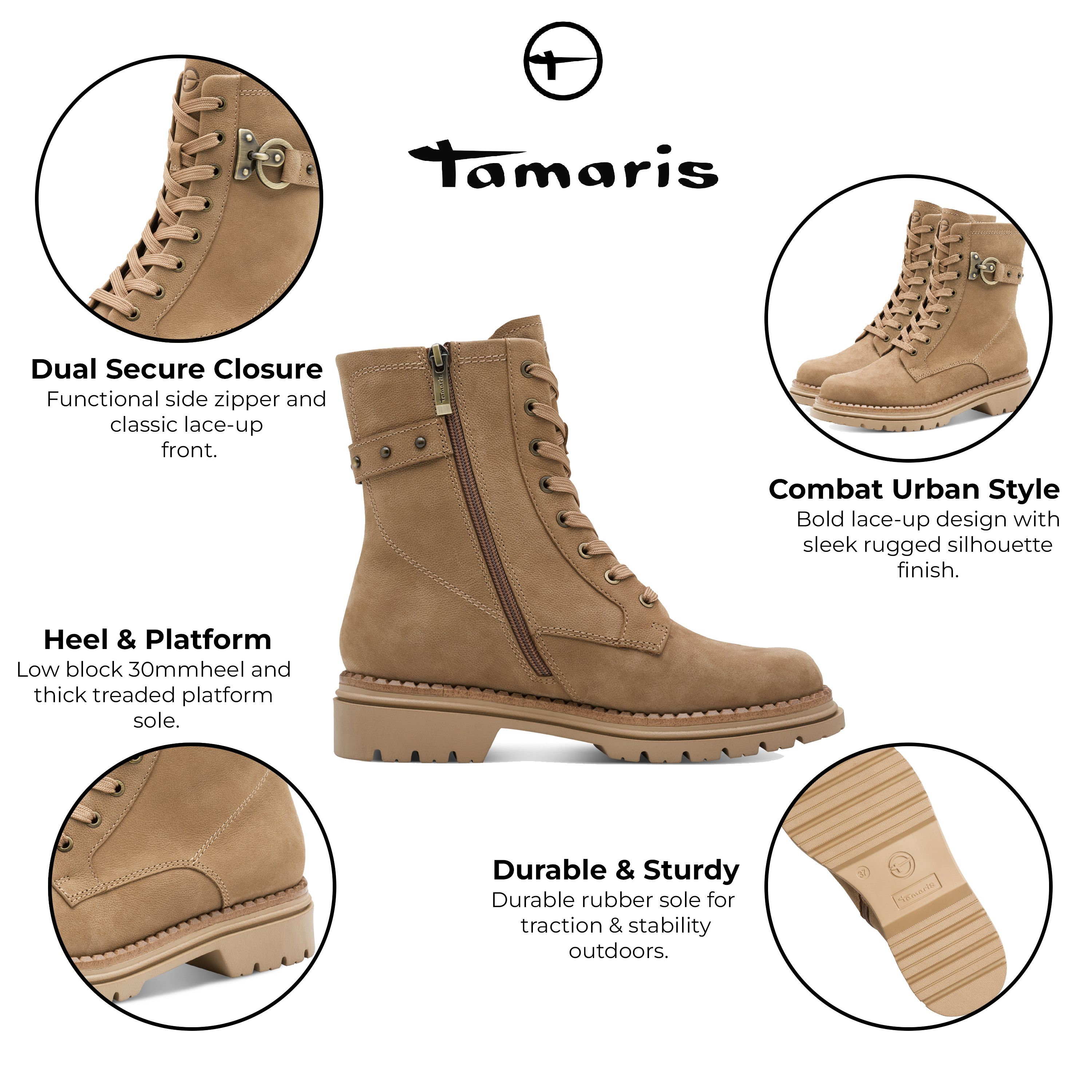 Infinity Leather Tamaris Fashion Leather Lace-Up Zip Combat Ankle Boots