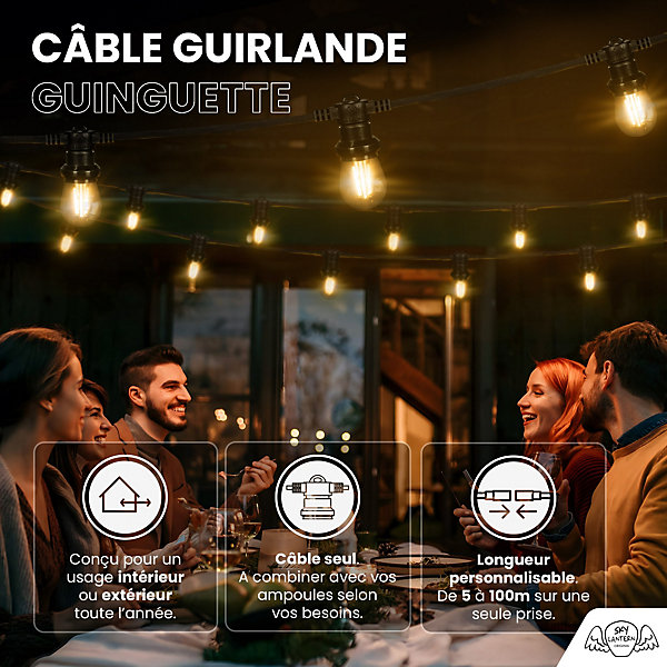 Guirlande Guinguette Noire IP65 20M 60 Douilles pour Ampoules E27
