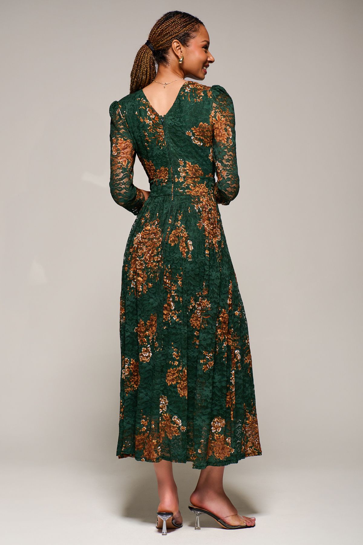 Jolie Moi Three Quarter Sleeve Printed Lace Maxi Dress
