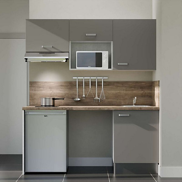 Kitchenette K55 façades Gris - Plan de travail Bois - Crédences : Oui - Evier inox - Electroménager Inox inclus