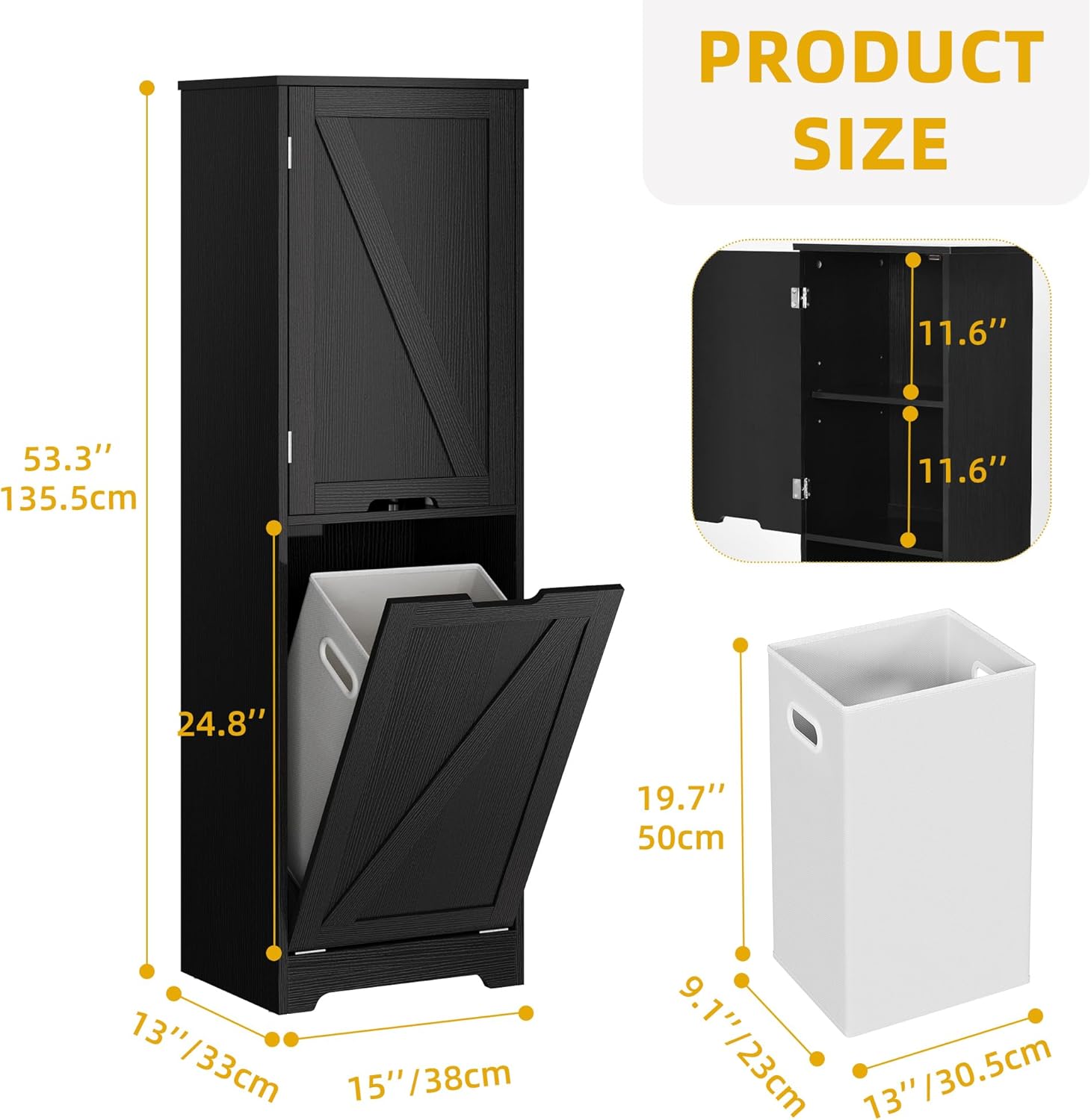 DWVO Tilt Out Laundry Hamper - 53 Tall Bathroom Storage Cabinet Laundry Cabinet with Adjustable Shelves and Clothes Basket, Laundry Hamper Shelf for Laundry Room Bathroom Organizer, Black