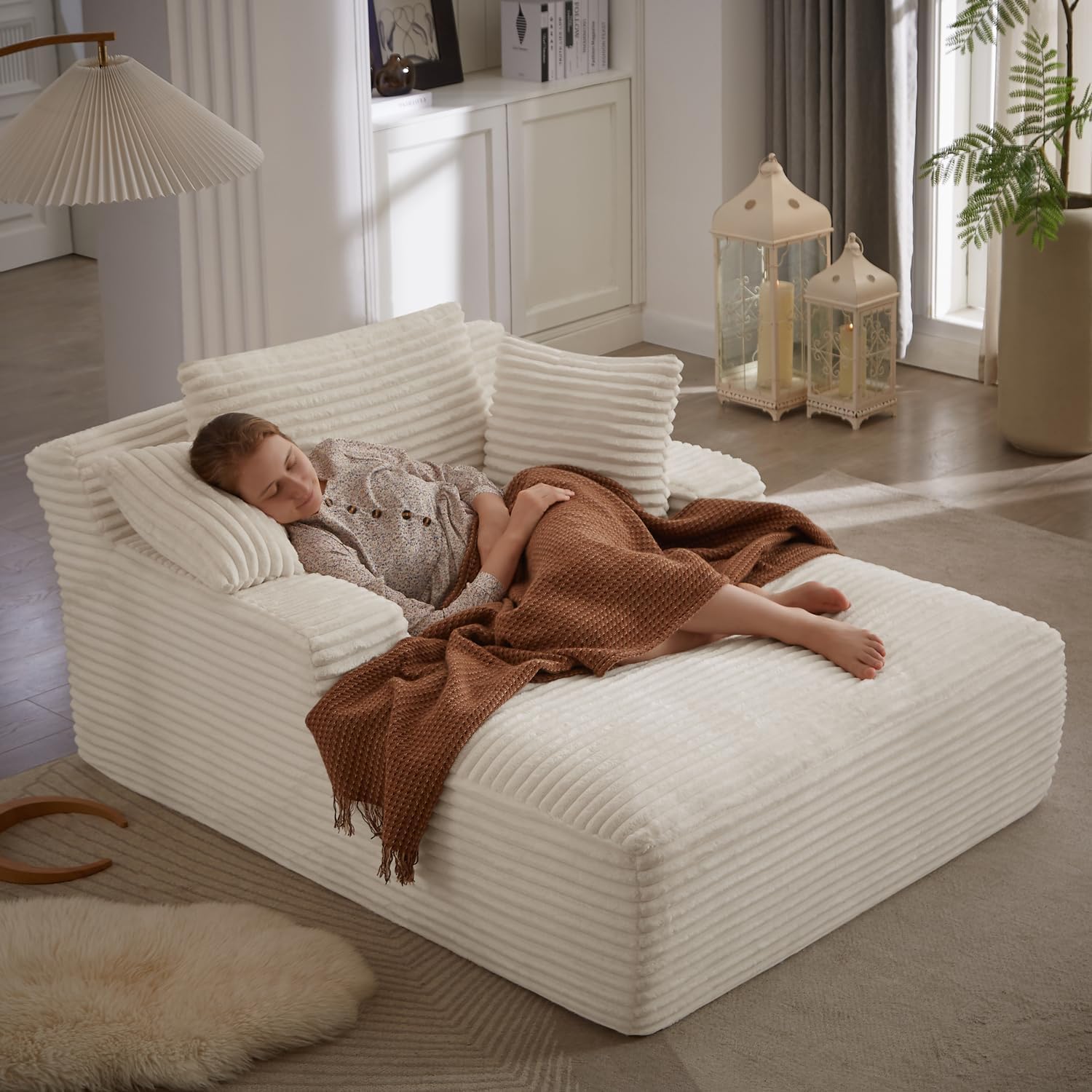 50 W Chaise Lounge Chair Indoor, Oversized Upholstered Corduroy Boneless Sofa Bed with 3 Pillows, Deep Seat Sleeper Reading Chair Cloud Couch for Living Room, No Assembly Required