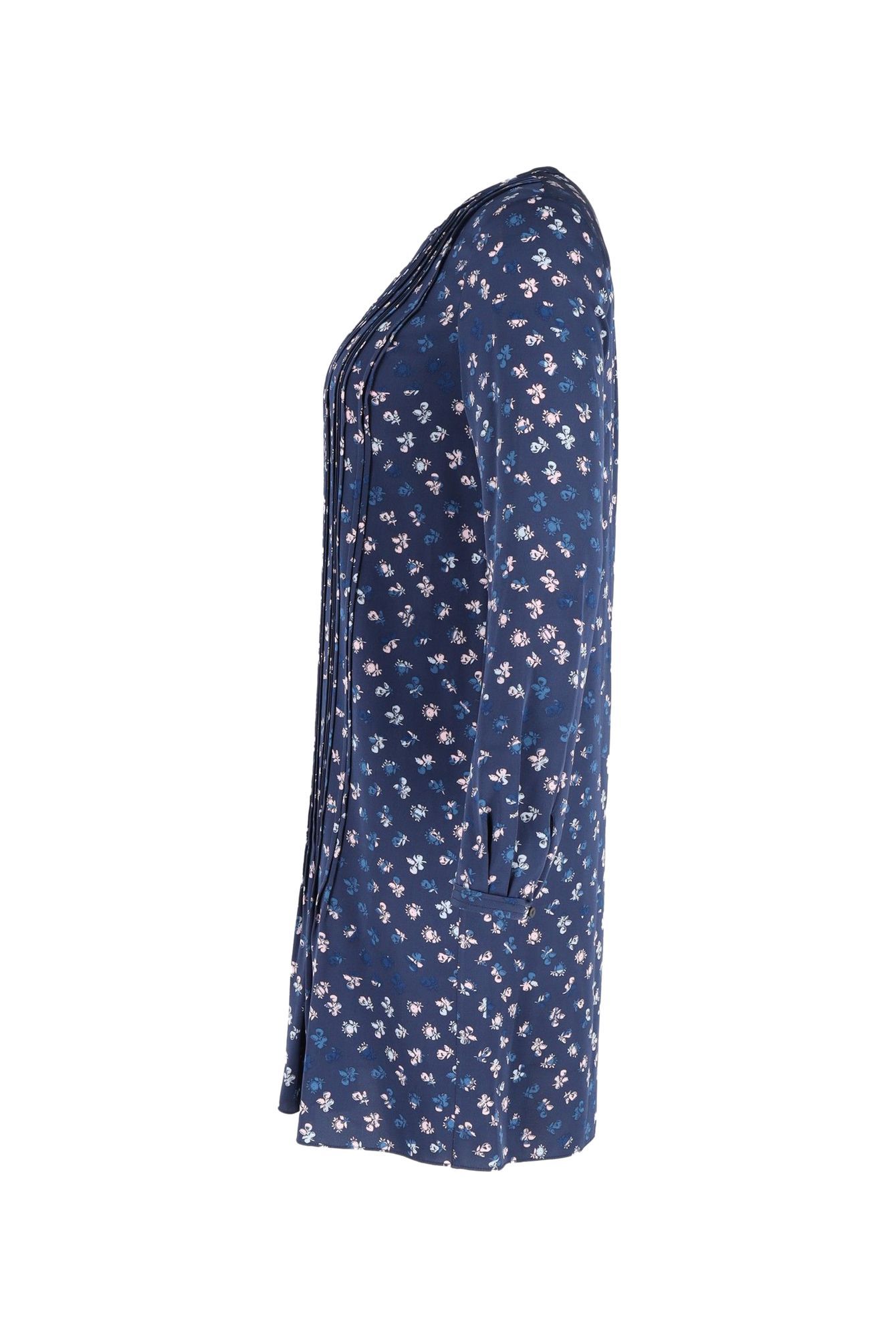 Diane Von Furstenberg Preloved Printed Pleated Long-Sleeve Dress in Navy Blue Silk