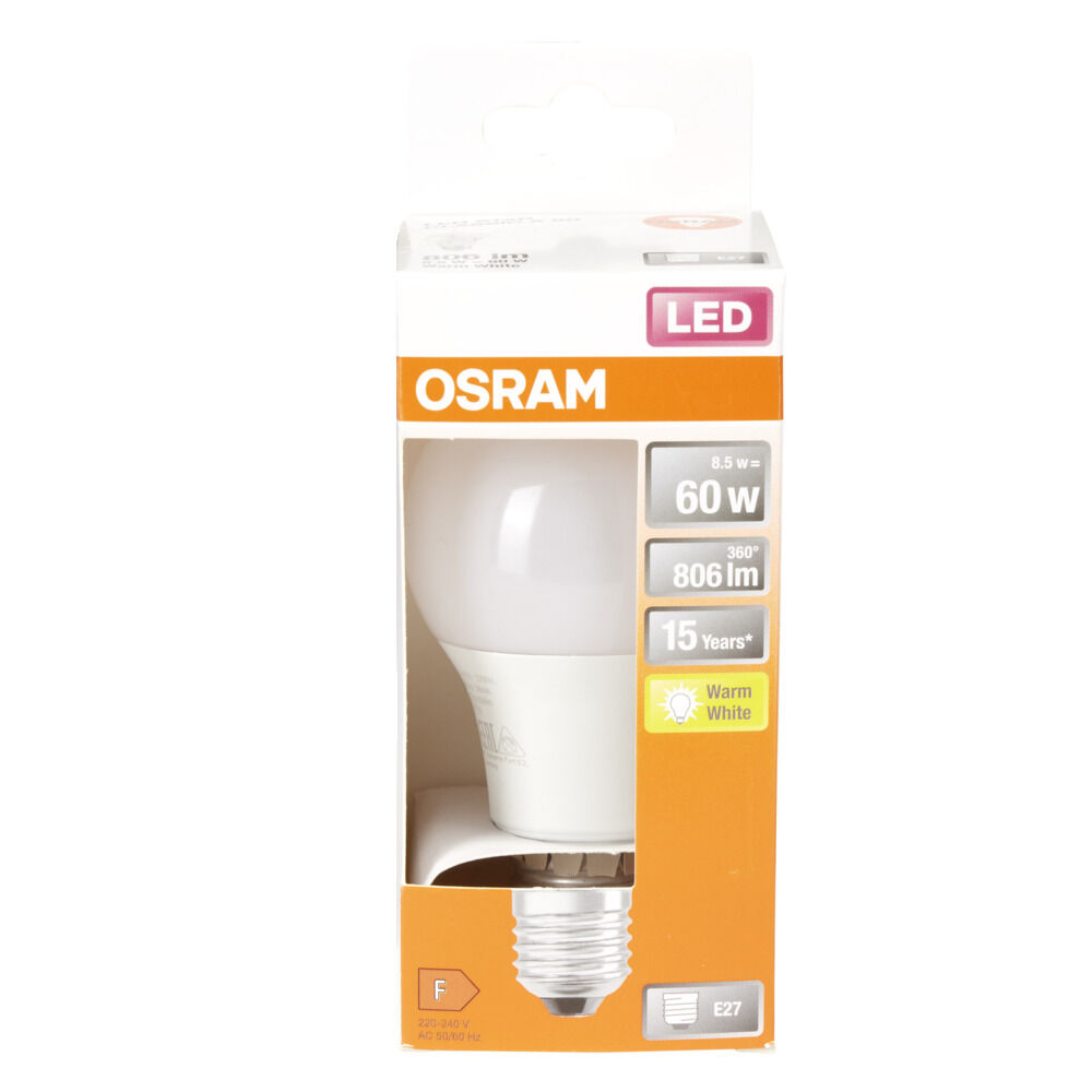 Ampoule LED E27 A60 blanc chaud Osram 8,5W=60W 806lms classe F