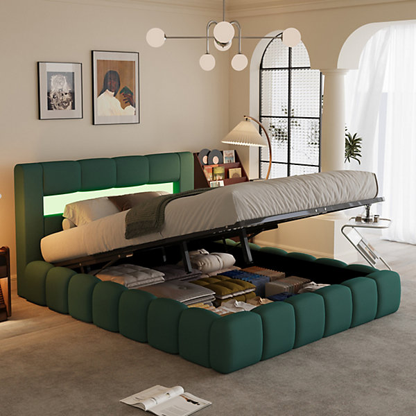 Lit coffre led style nuage 180x200cm en velours vert avec tête de lit et sommier OMAHA