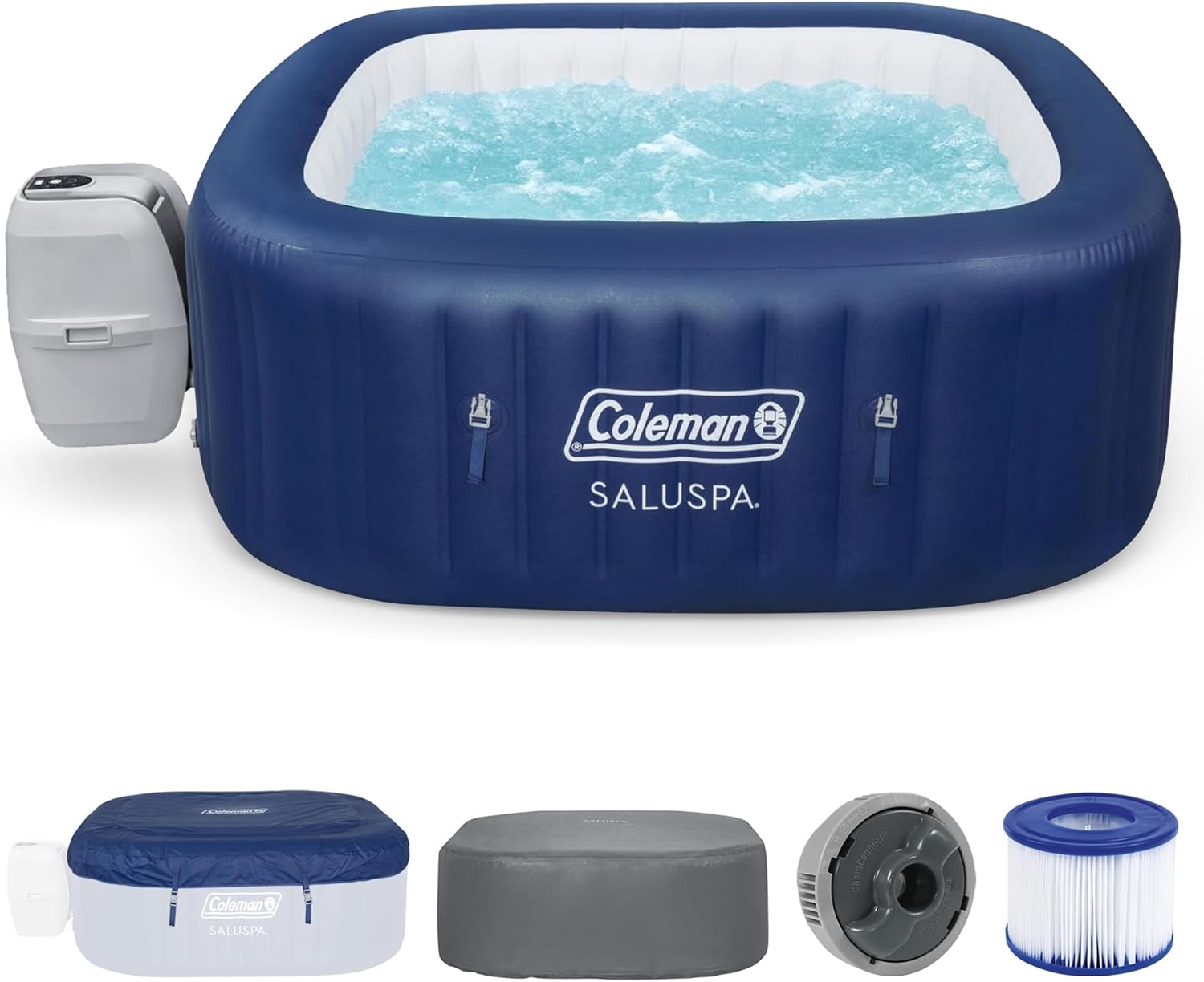Coleman SaluSpa Atlantis AirJet Inflatable Hot Tub  4 to 6 Person Square Portable Outdoor Spa with 140 Air Jets  App Control and EnergySense Insulated Cover  71 x 28