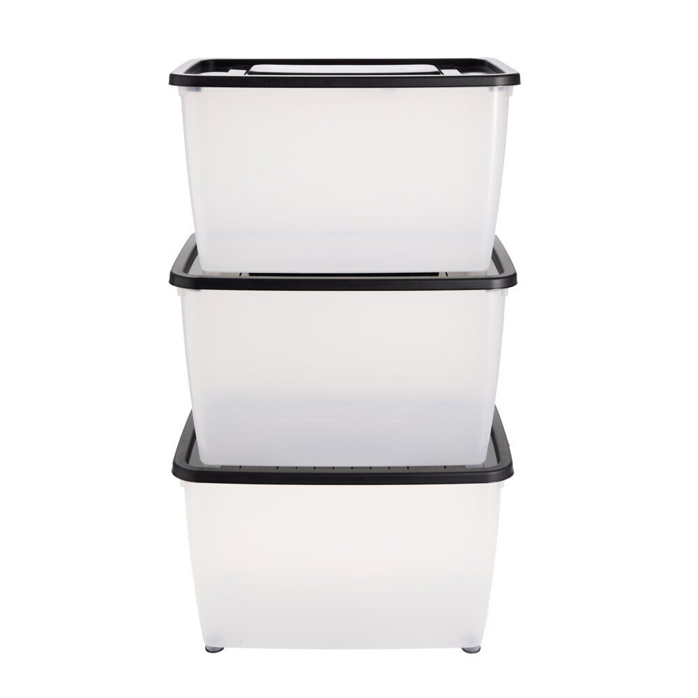 Box dessous de lit 46L x3 plastique transparent couvercle noir 56x37xH34cm