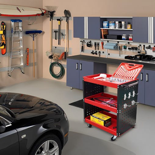 SOGA 2X 3 Tier Tool Storage Cart Portable Service Utility Heavy Duty Mobile Trolley with Hooks Red