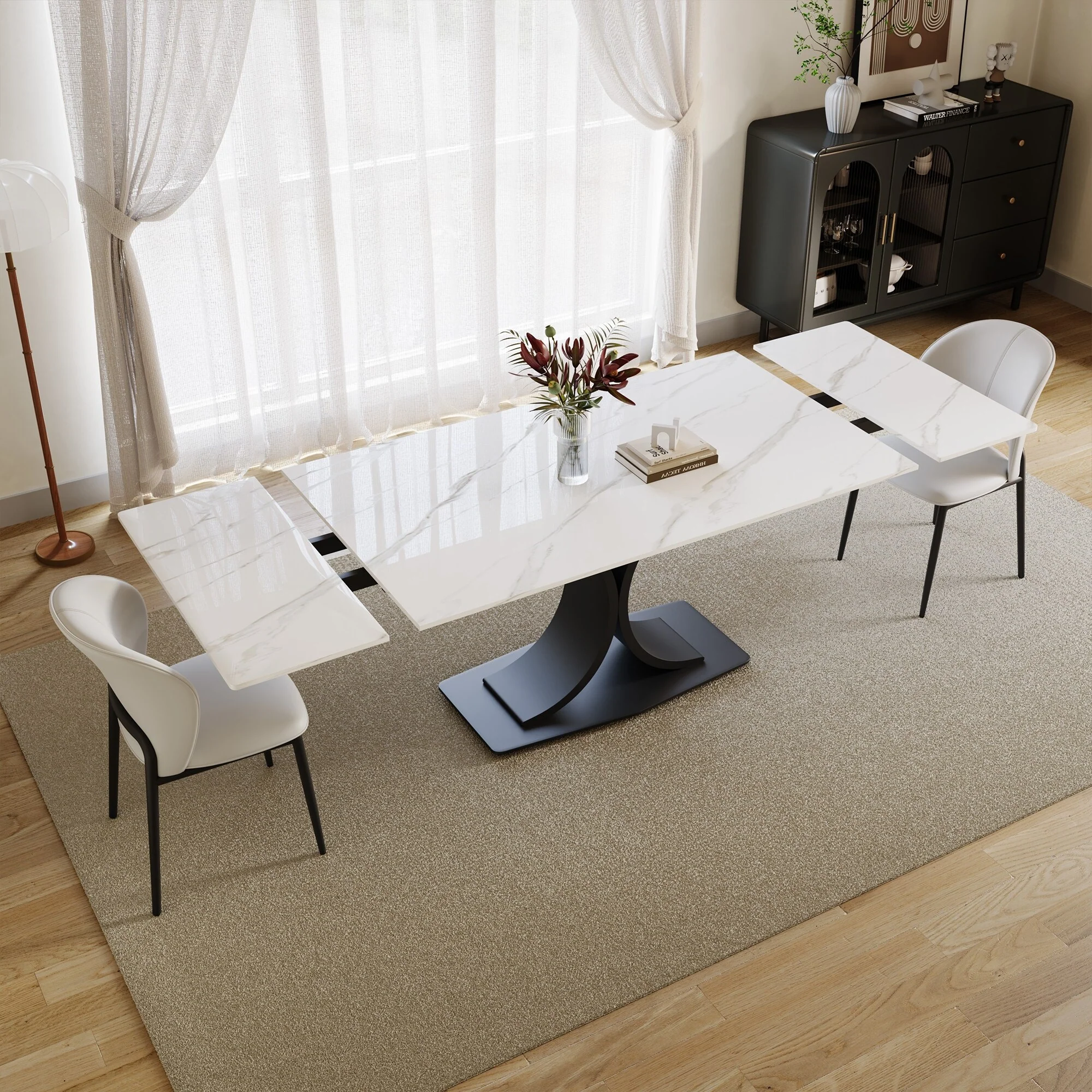 63-94Modern Extendable Dining Table for 6-10, Glossy White Kitchen Table with Black Carbon Steel Legs