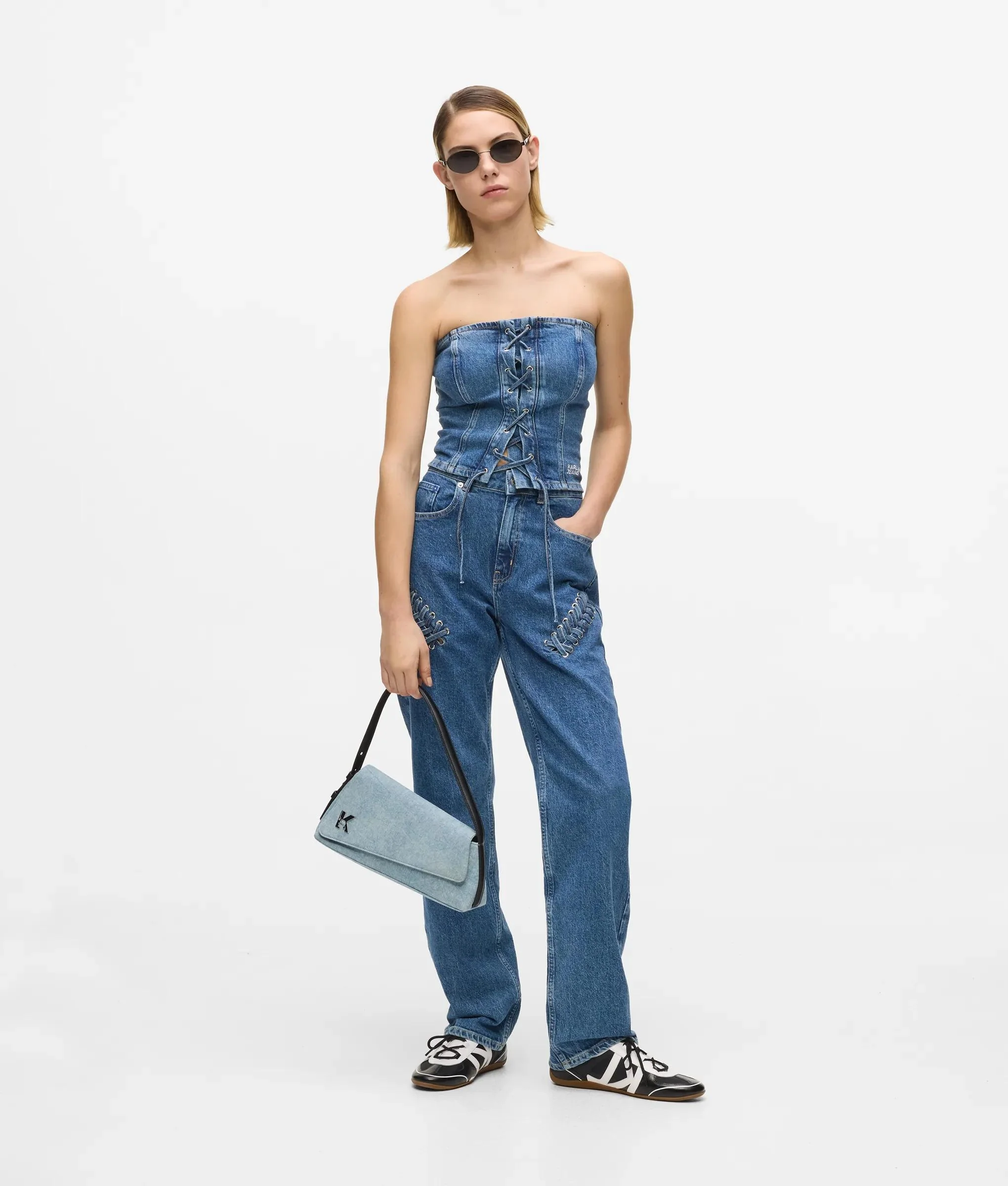 Sac à rabat en denim au motif géométrique