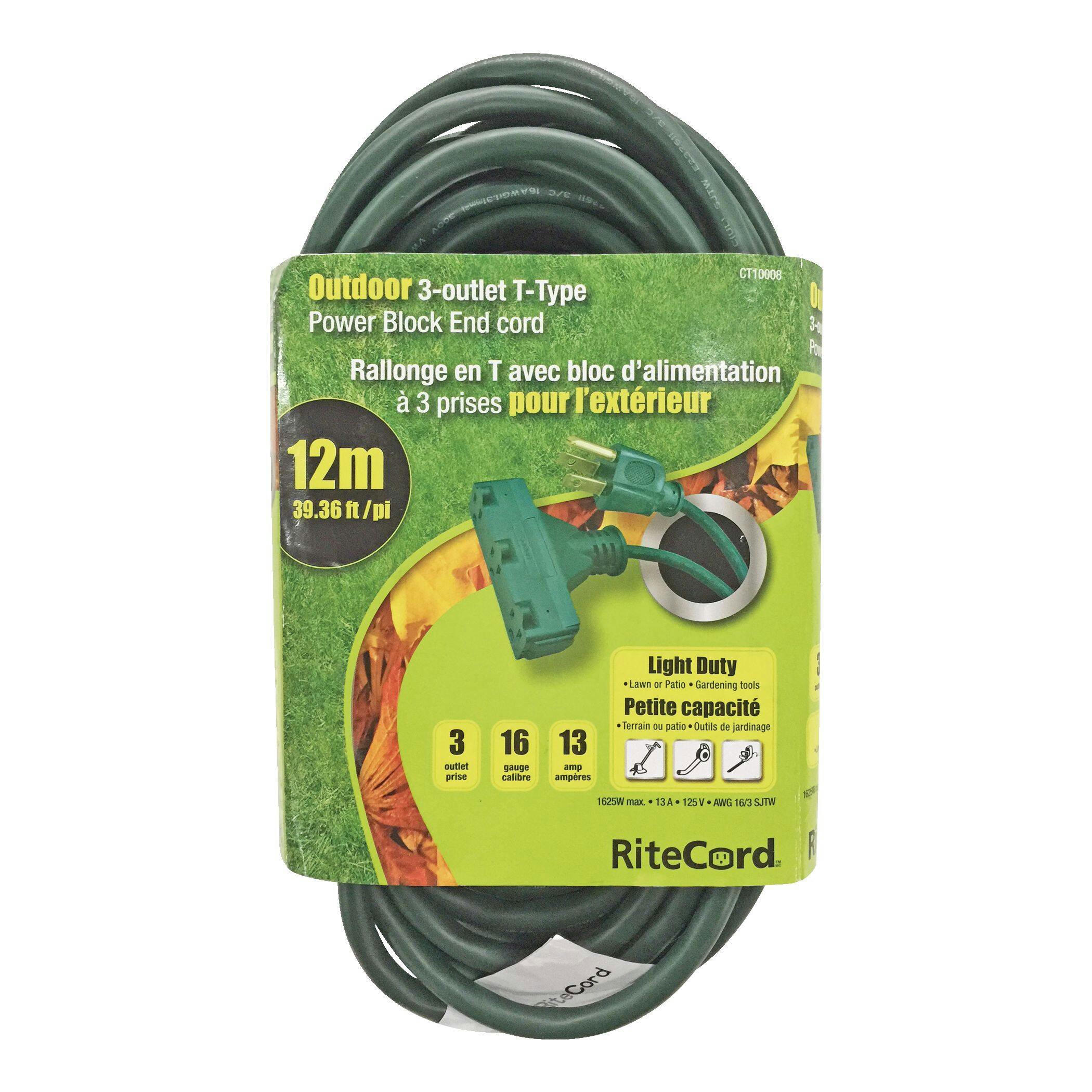 Ritecord 39-ft 16/3 Outdoor Extension Cord with 3 Grounded Outlets, Green